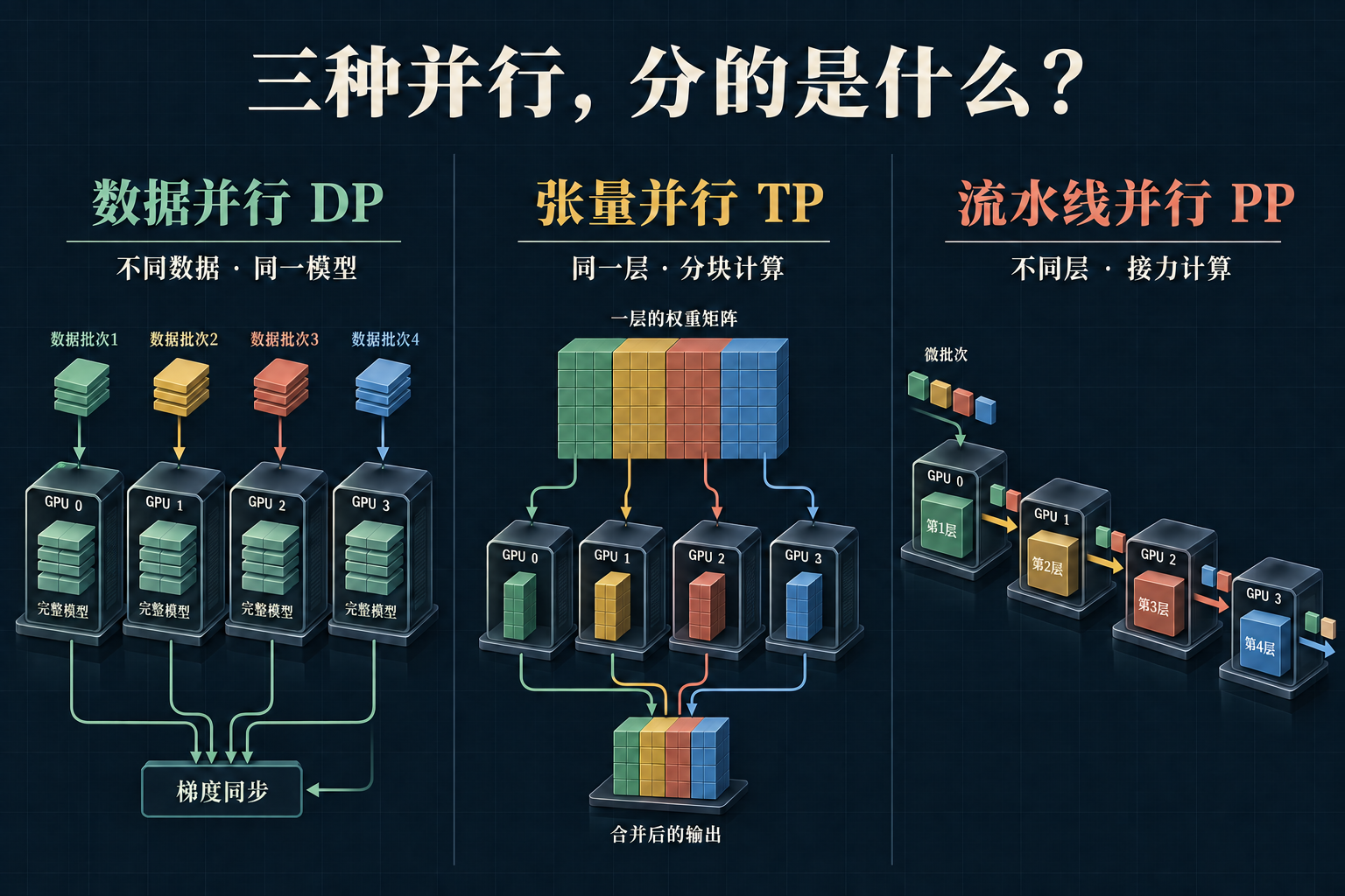 三组示意：数据并行让不同 GPU 处理不同数据；张量并行在同一层拆矩阵；流水线并行把连续层分配给不同 GPU。