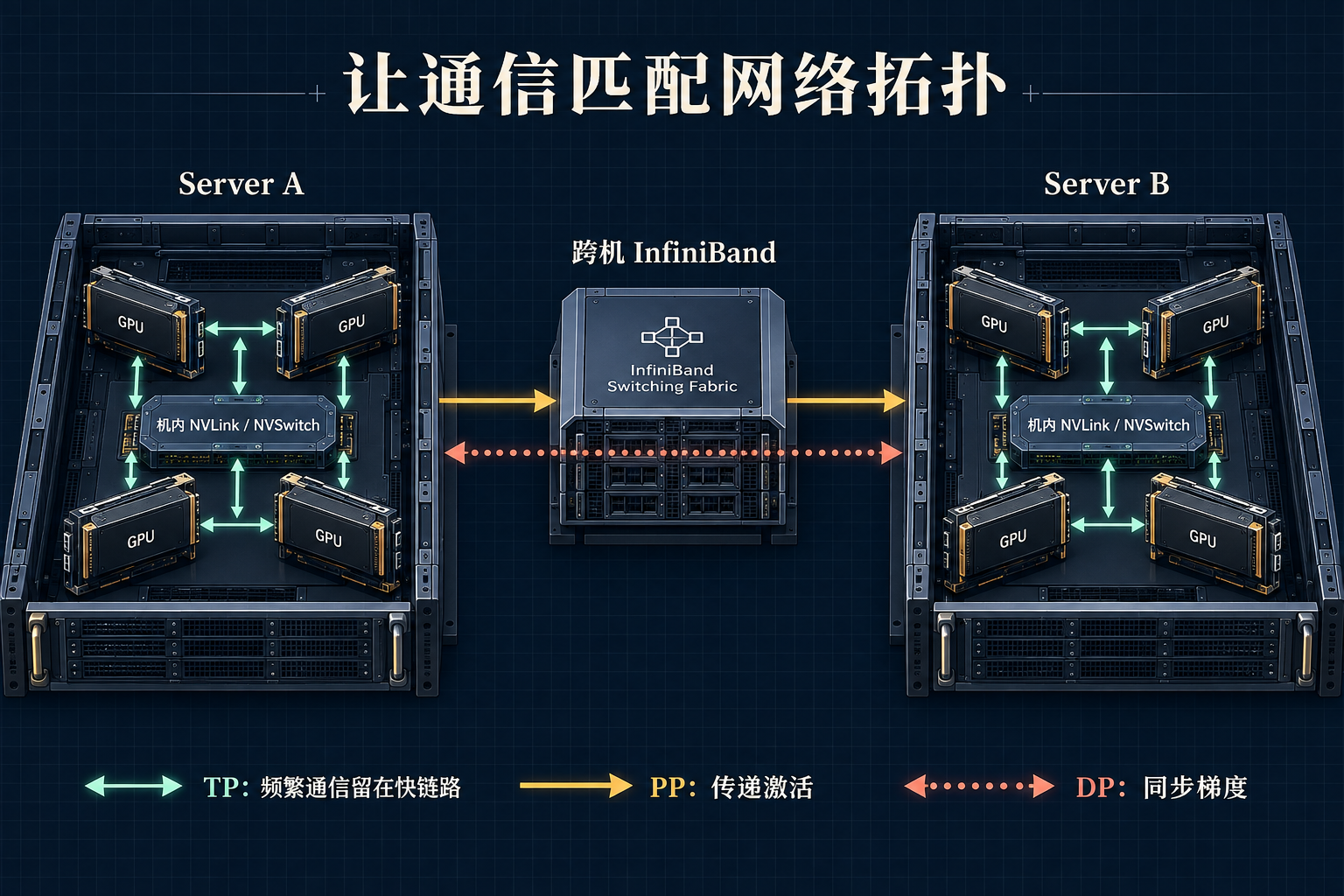 两台服务器内部通过 NVLink 或 NVSwitch 连接 GPU，服务器之间通过 InfiniBand；示意将频繁 TP 通信放在快速域内。